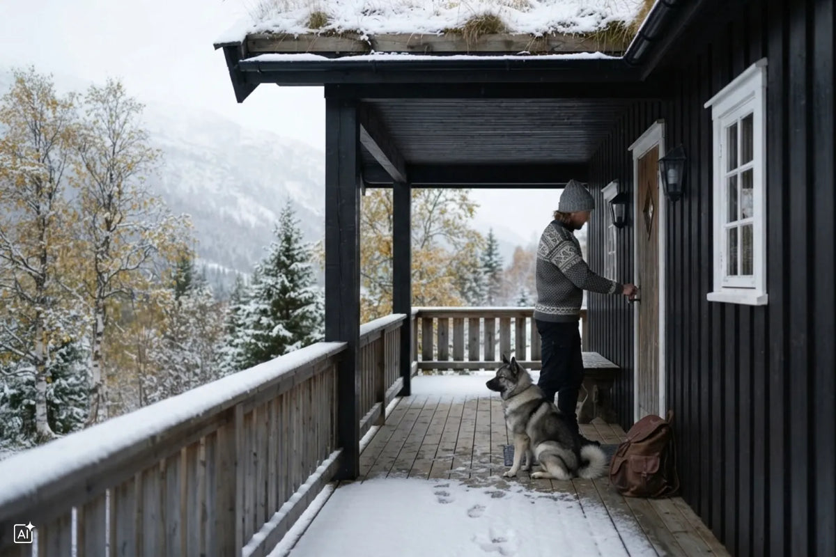 Man locking the door of a Norwegian mountain cabin, closing it for winter after the first snowfall.