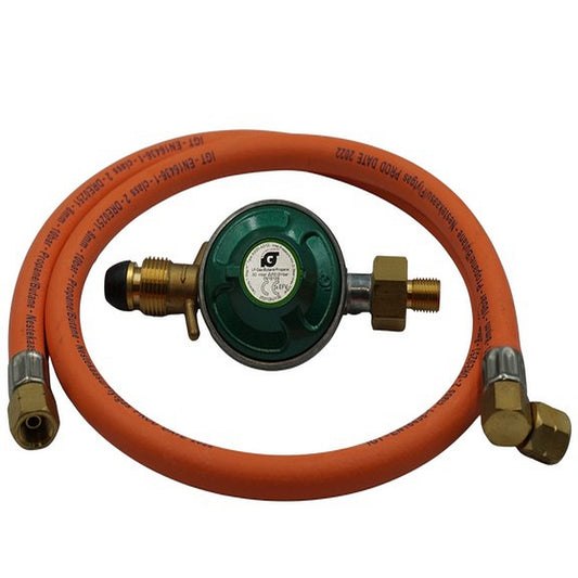 Gas regulator with orange hose on a white background
