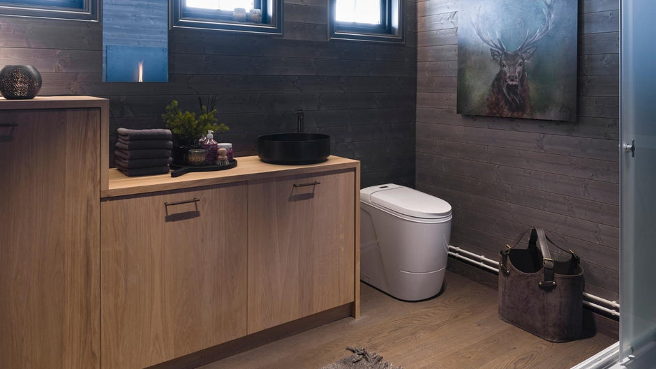 Bathroom with wooden cabinet, Cinderella toilet, and deer painting on wall.